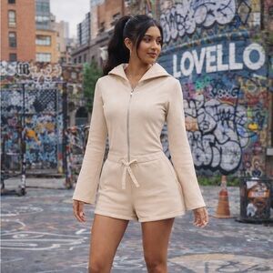 🌸LOVELLO Elizabeth Beige Hooded Zip Romper Cozy Chic Loungewear Resort Wear